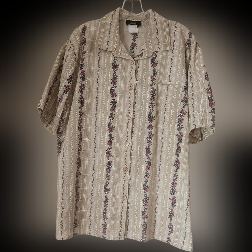 Croft & Barrow Tan and Purple Floral Button Down Shirt